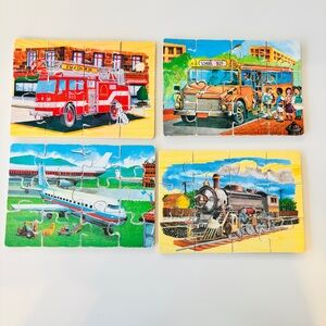Vintage Kids Colorful Vehicle Wood Jigsaw Puzzle Set of 4, 5”x7”